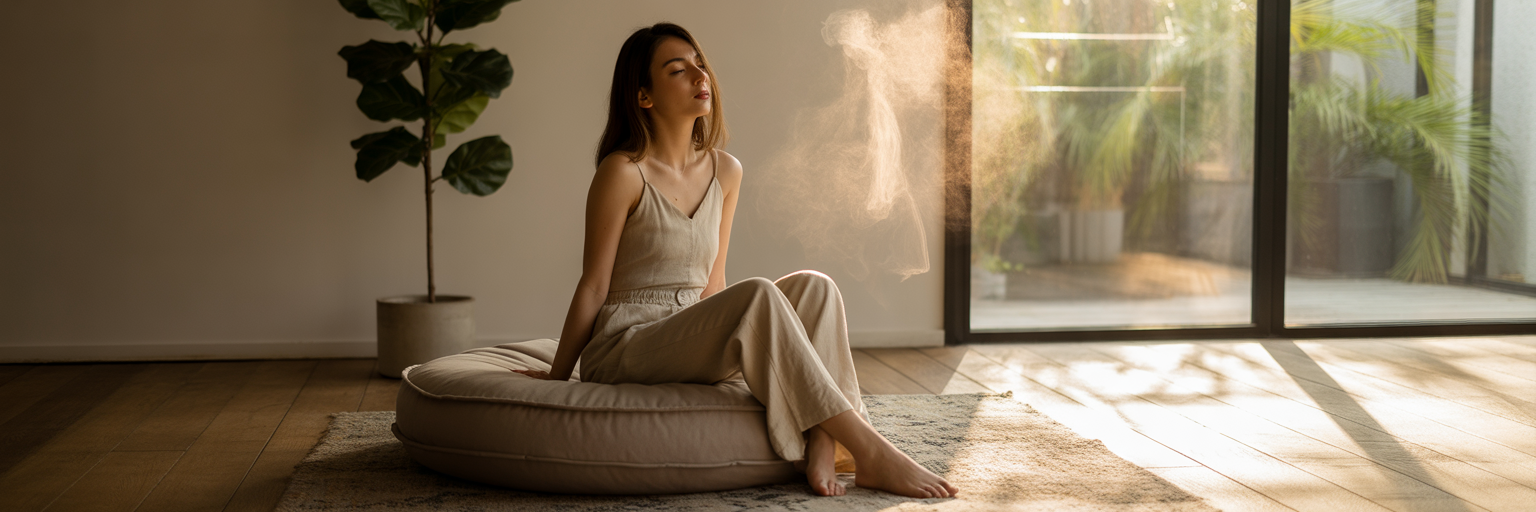 Person meditating in a sunlit room.