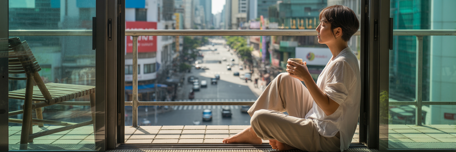 Person meditating on balcony overlooking a city.