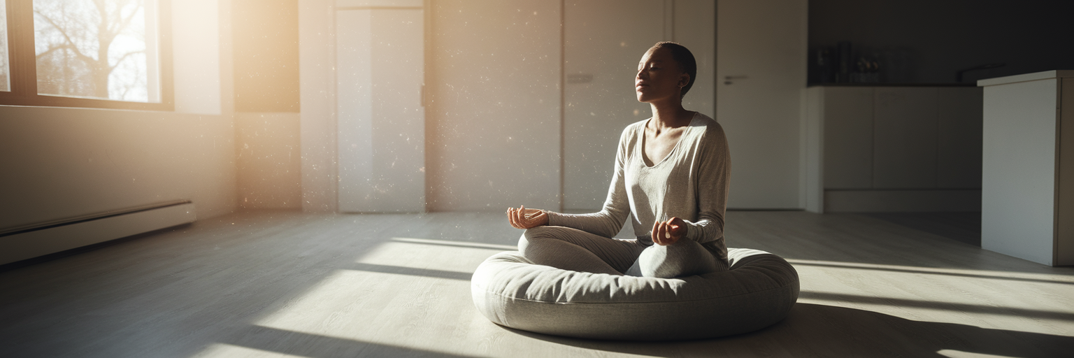 Person meditating peacefully in sunlit room.