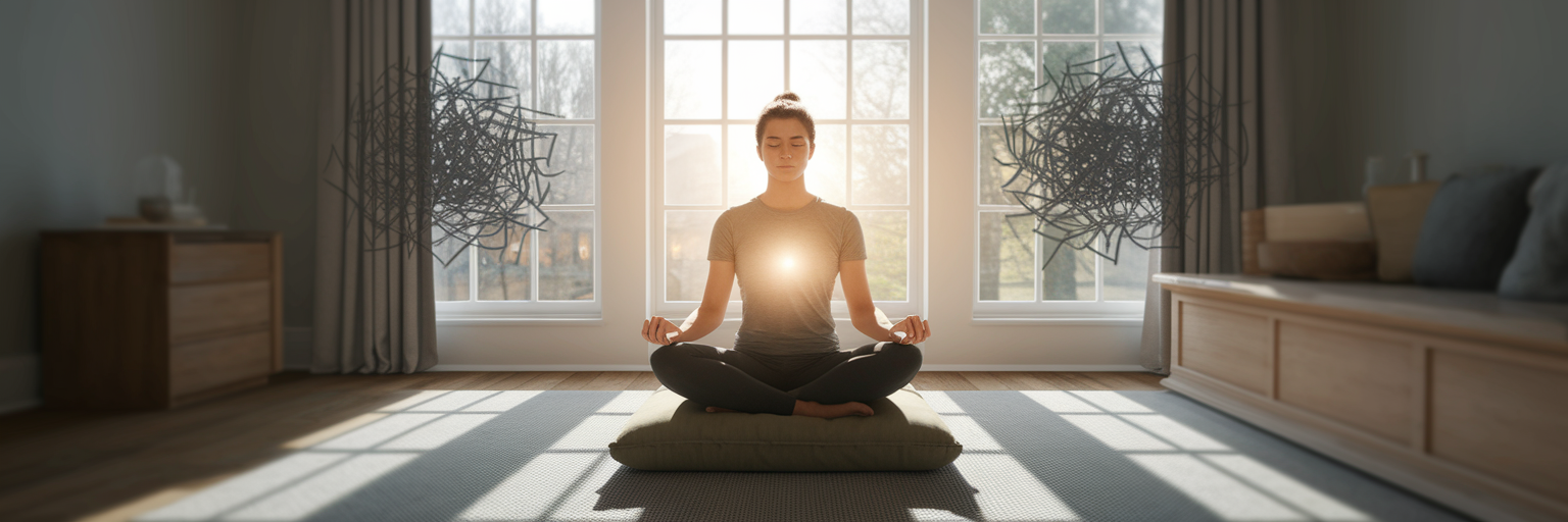 Person meditating with a calm inner glow.