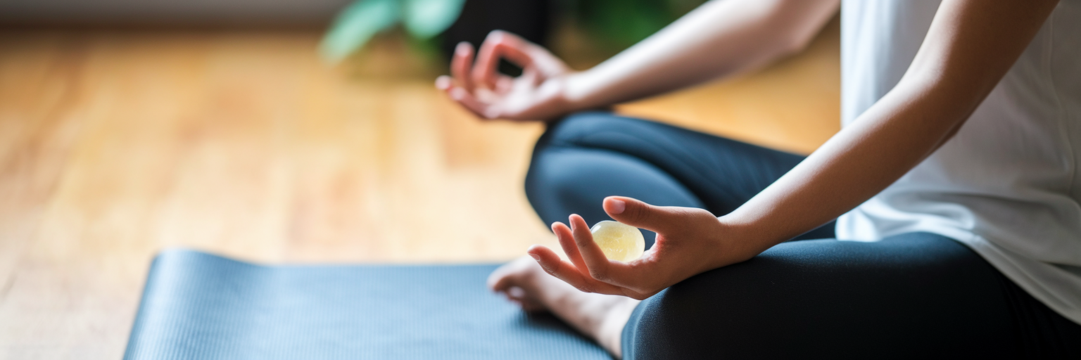 Person meditating with a citrine palm stone.