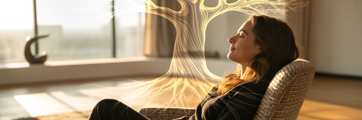 Person meditating with glowing architectural lines.