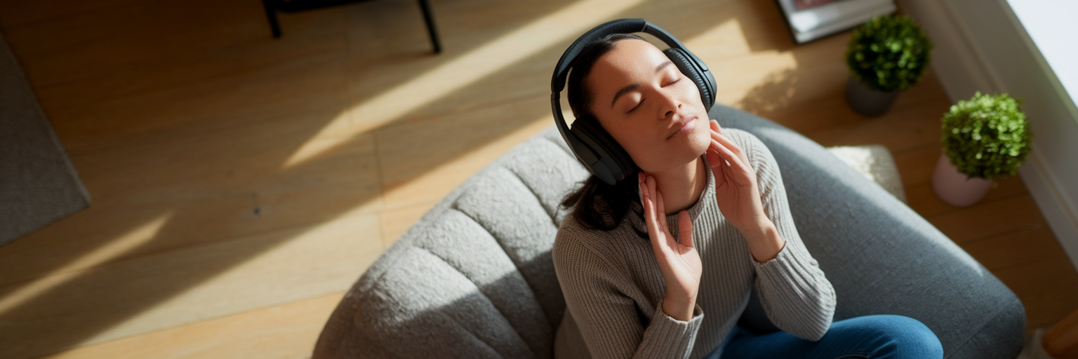 Person meditating with headphones in a cozy room