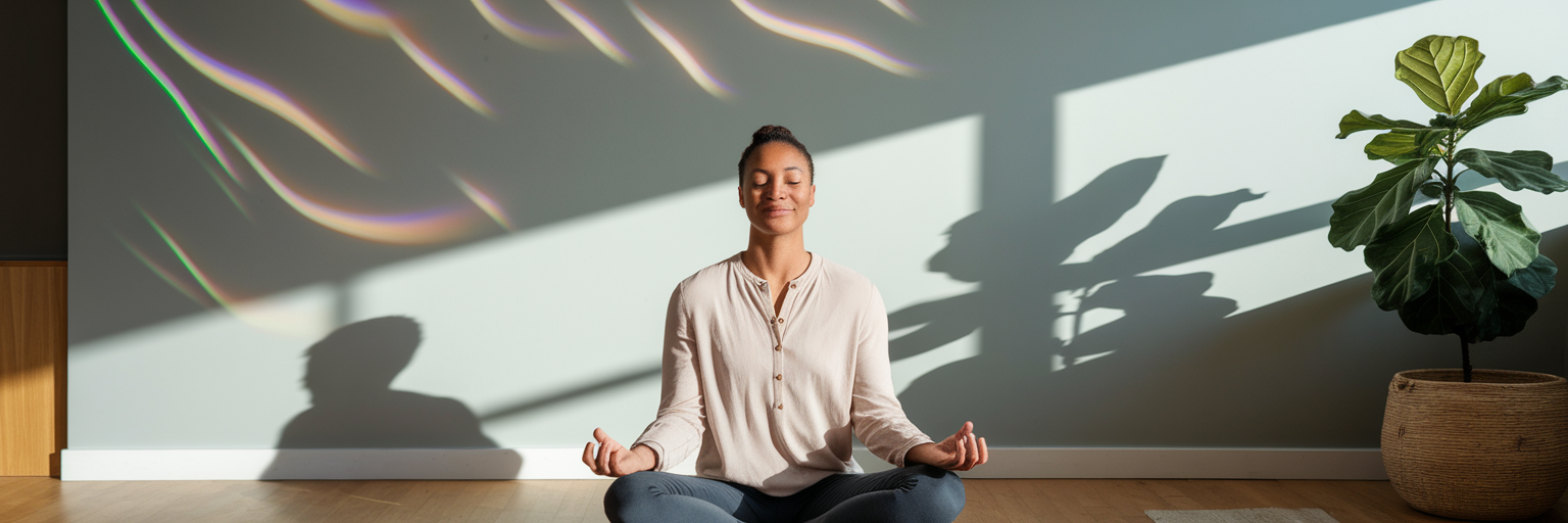 Person meditating with subtle light patterns.