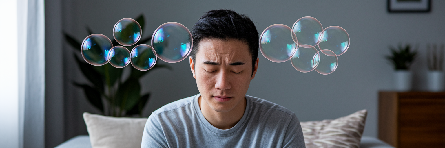Person meditating with thoughts as bubbles.