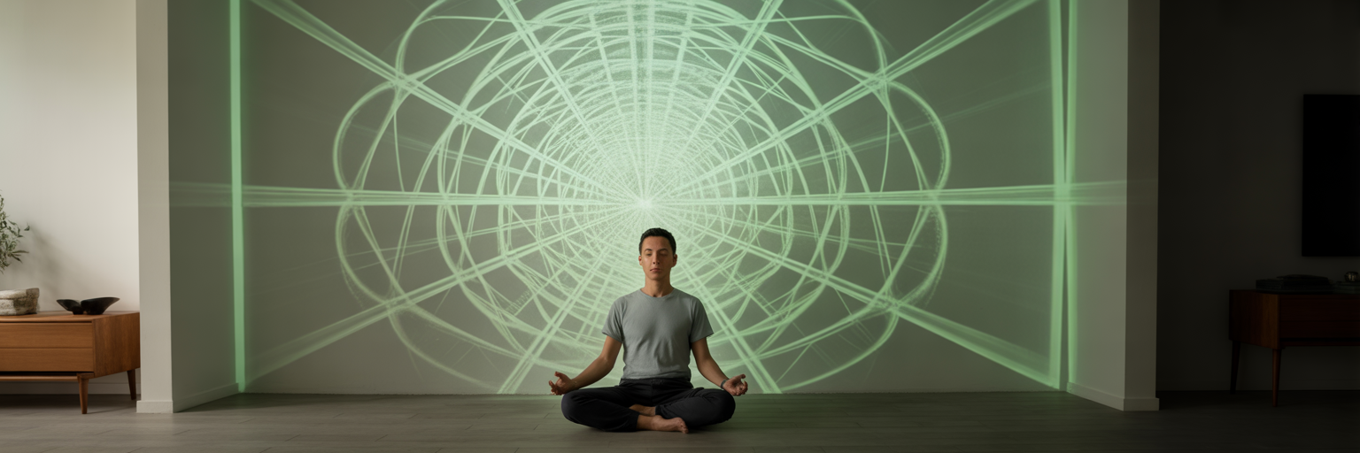 Person meditating with Tree of Life light pattern.