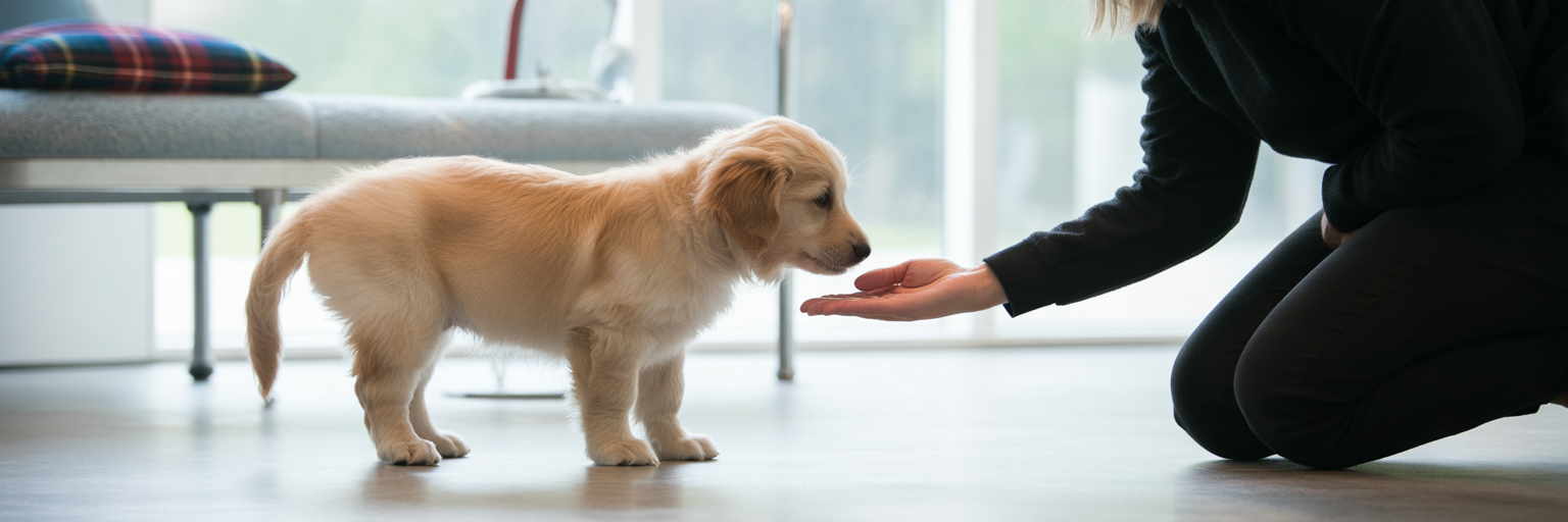 Person meeting a small puppy