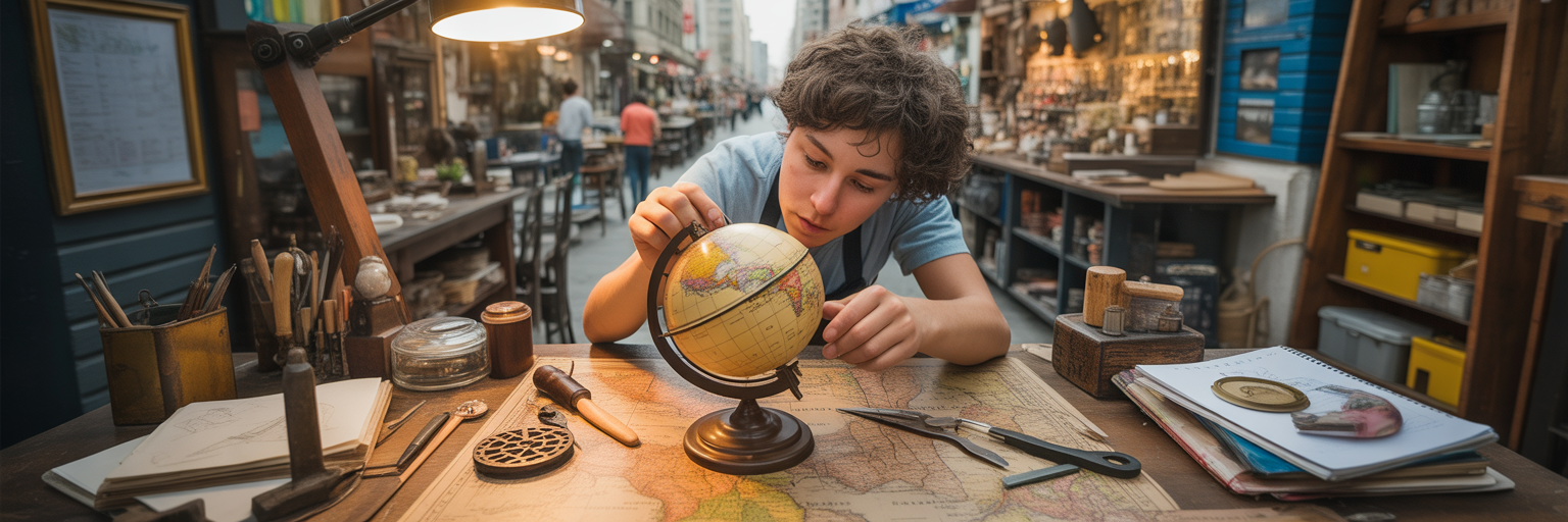 Person meticulously planning a trip in a workshop.