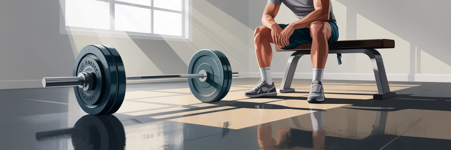 Person on weight bench looking at barbell.