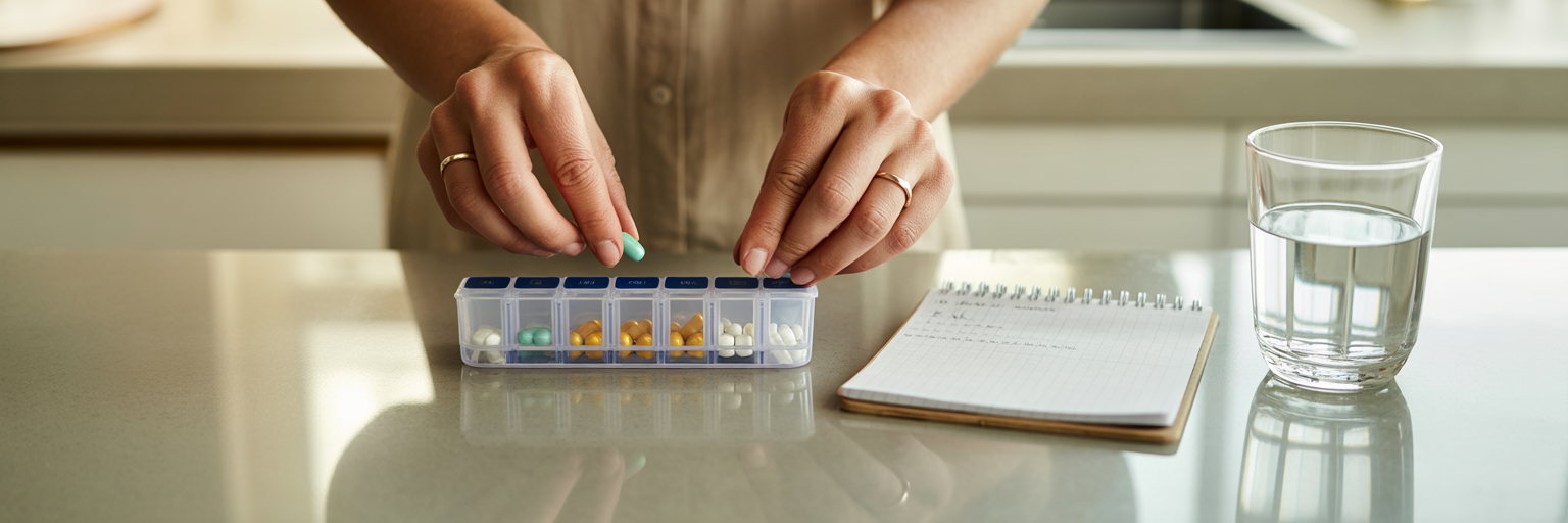 Person organizing medication alongside a meal plan.