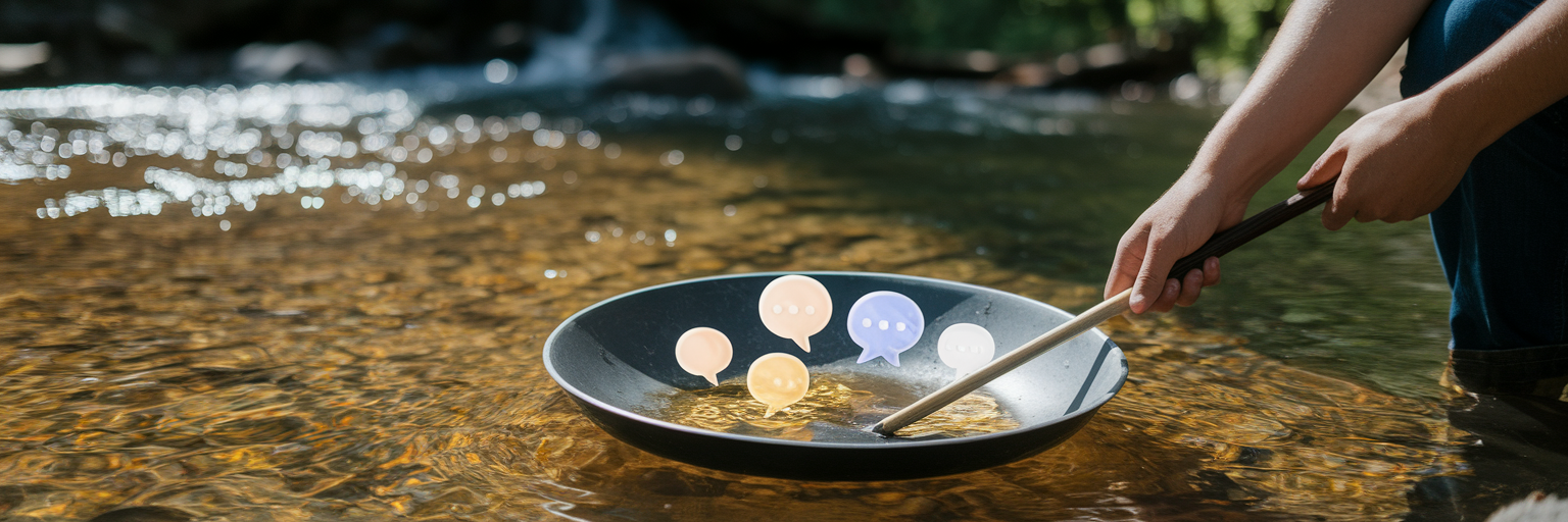 Person panning for glowing conversation bubbles.