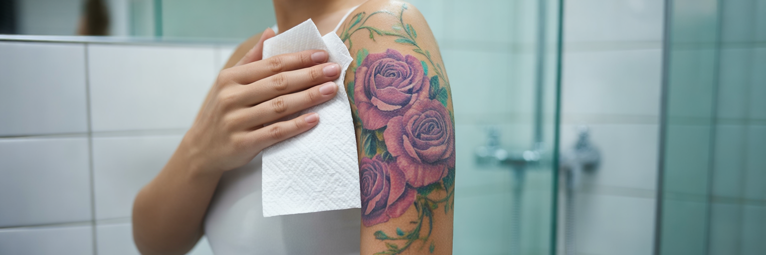 Person patting a new tattoo dry.