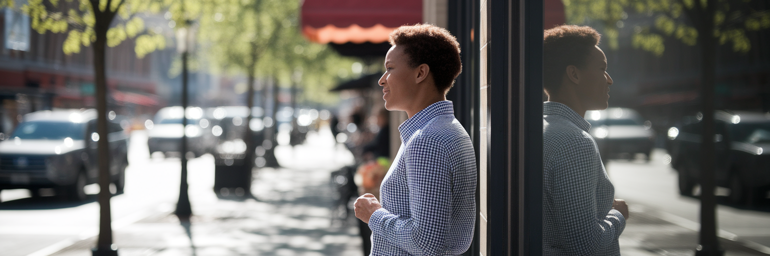 Person pausing for reflection on city sidewalk.