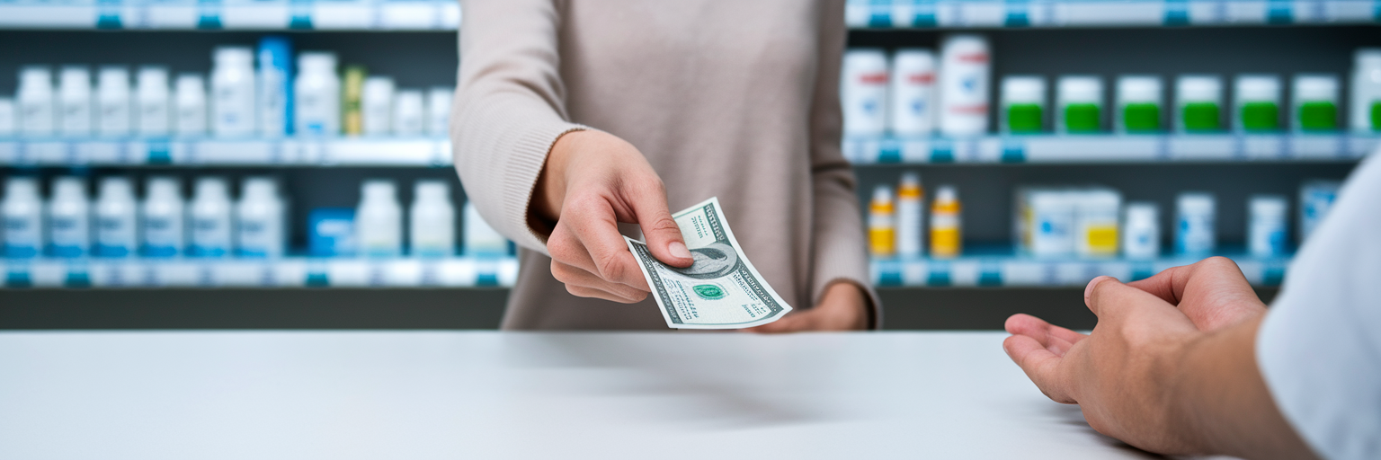 Person paying cash at a Maryland pharmacy counter.