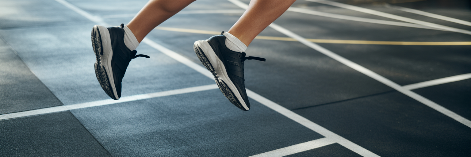 Person performing jumping jacks in a gym.