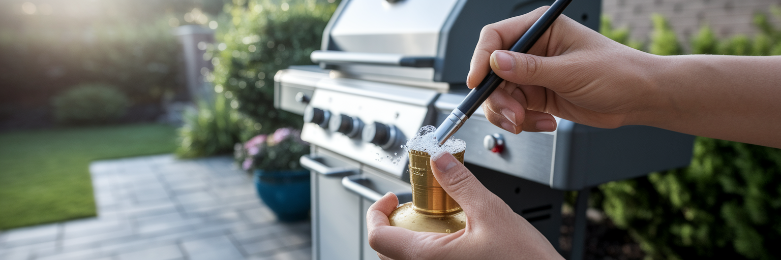 Person performing soapy water test on propane tank.