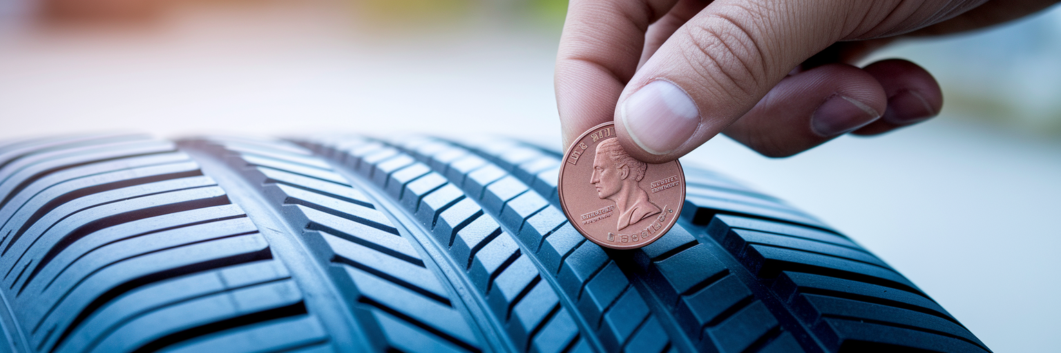 Person performing the penny test on a tire.