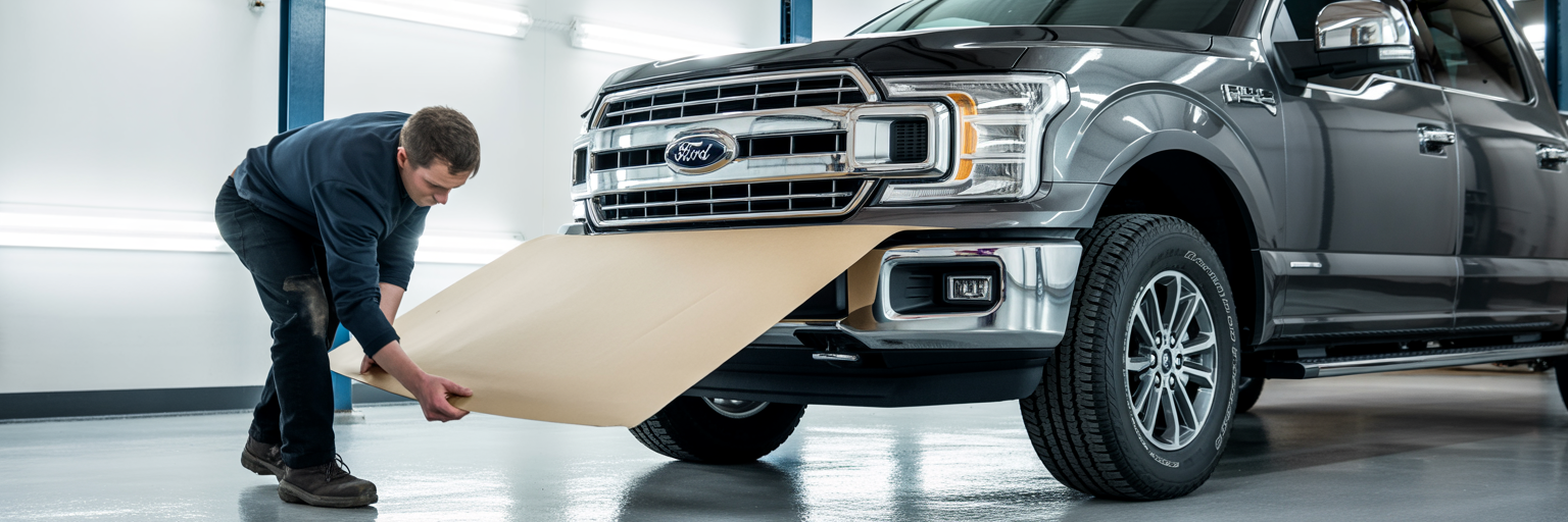 Person placing cardboard under a truck to check for leaks.