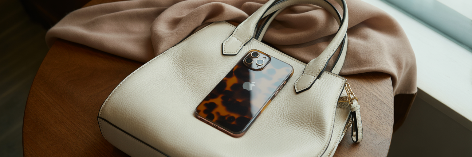 Person placing tortoiseshell iPhone in handbag.