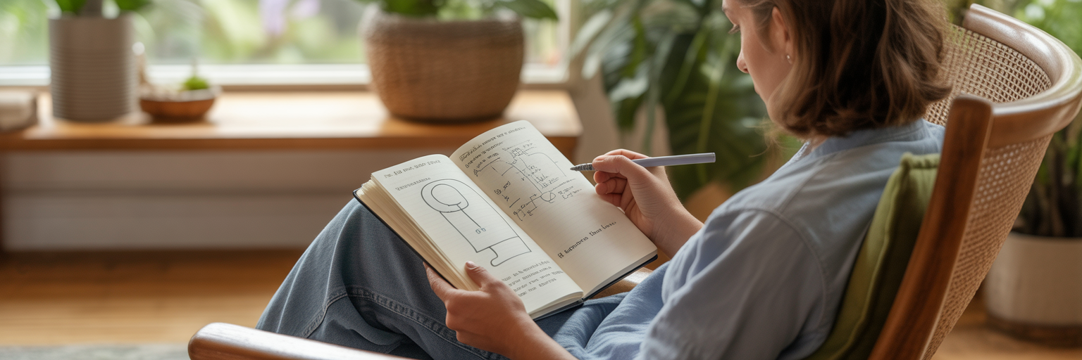 Person planning their day in a journal at dawn.