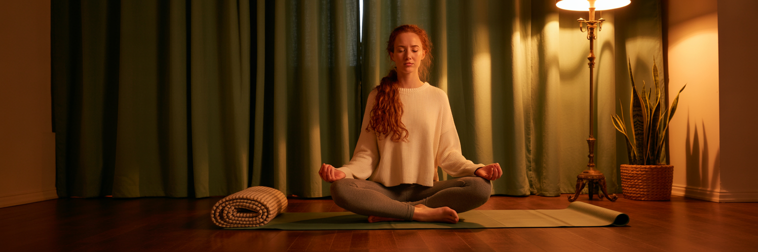 Person practicing breathing exercises at home.