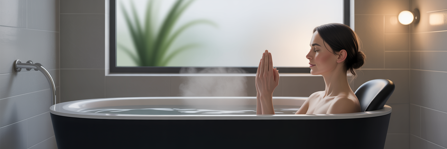 Person practicing controlled breathing in cold plunge tub