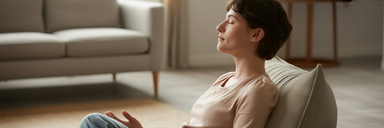 Person practicing mindful breathing at home.