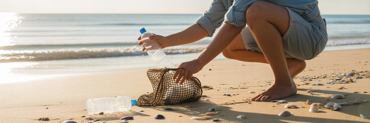 Person practicing sustainable travel on beach.