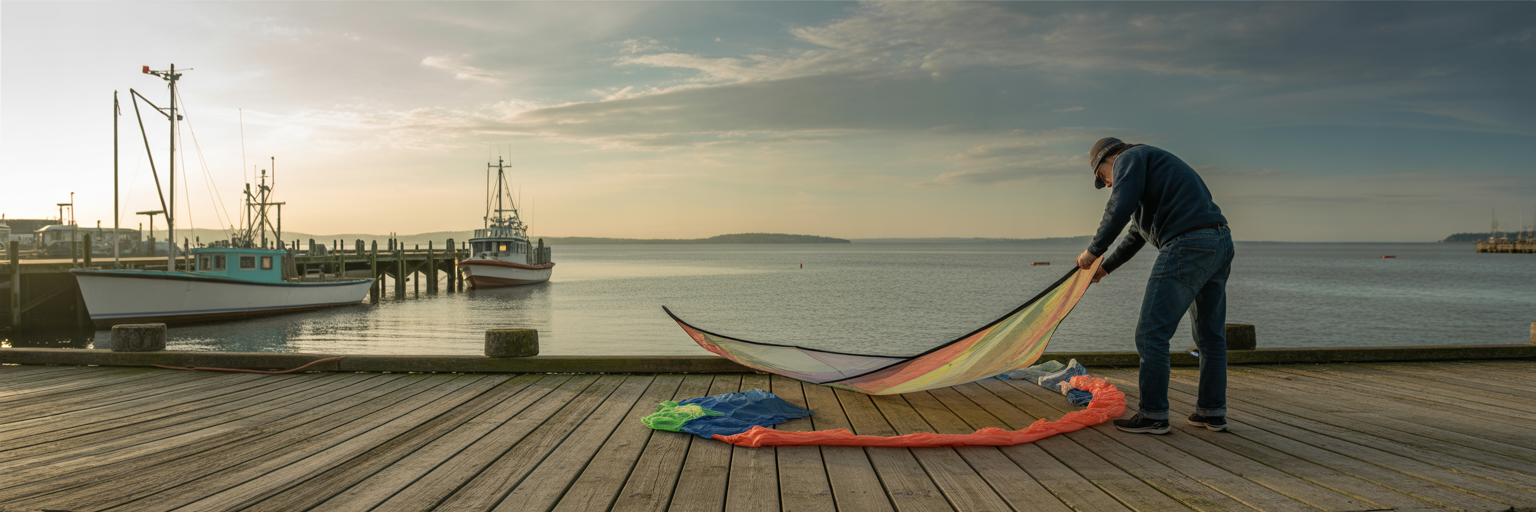 Person preparing a kite on a pier in Everett.