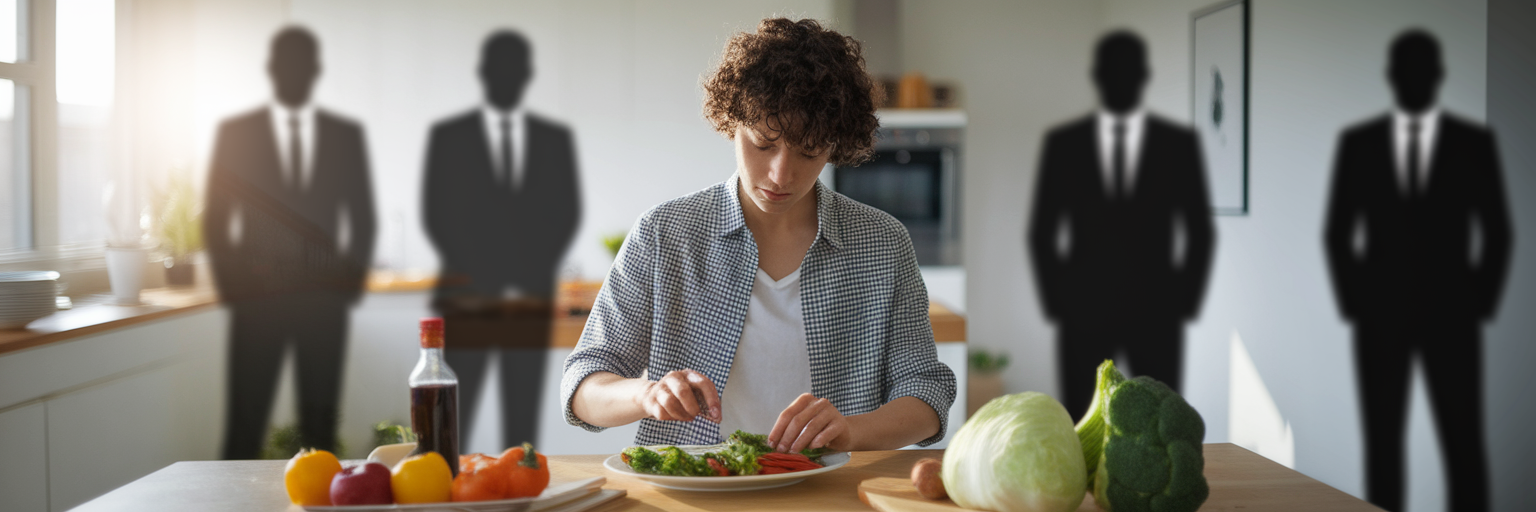 Person preparing meal with shadowy figures behind.