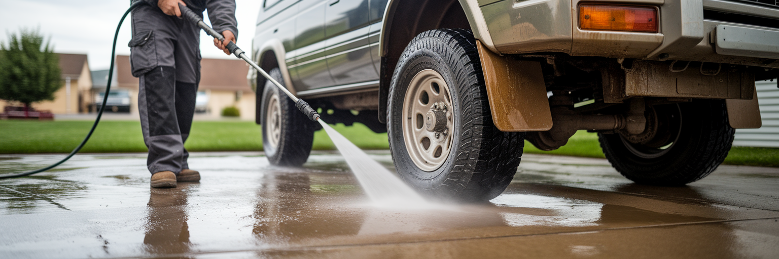 Person pressure washing muddy off-road vehicle undercarriage.