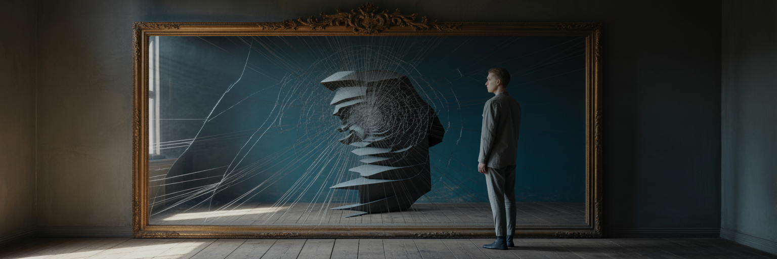 Person realizing their distorted reflection is an illusion.