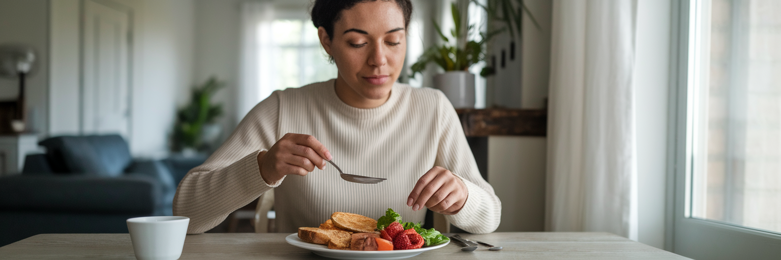 Person reflecting on meal after eating.