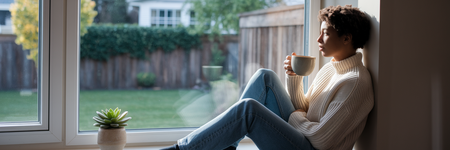 Person reflecting quietly by sunny window.
