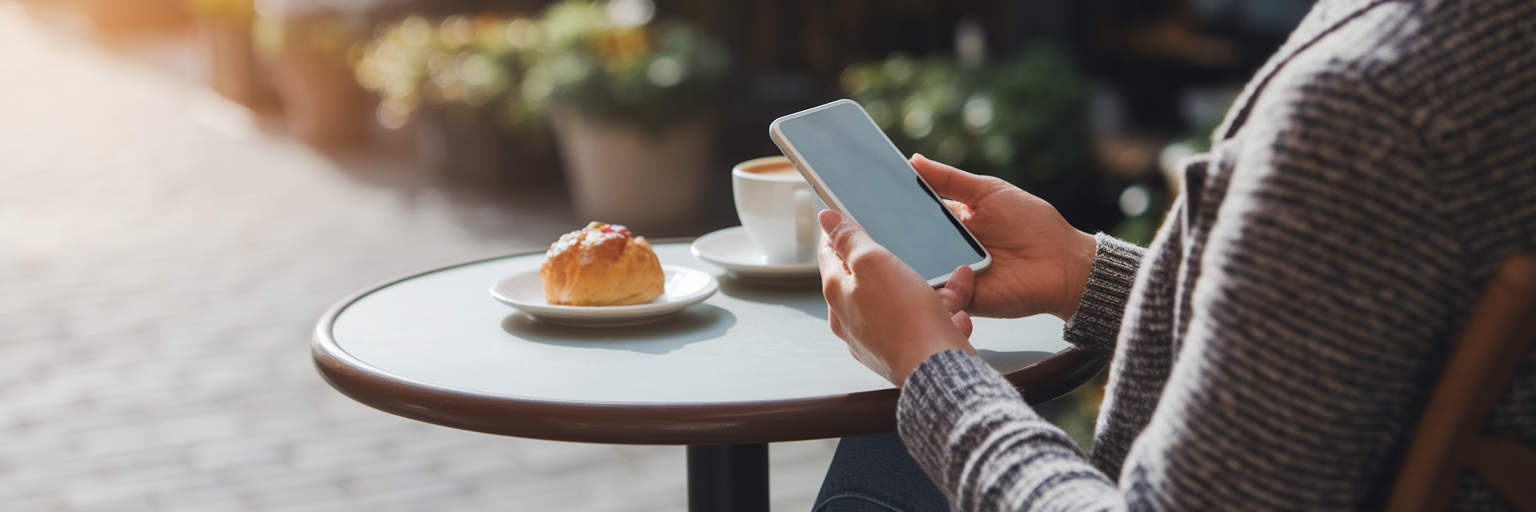 Person relaxing at cafe with phone down.