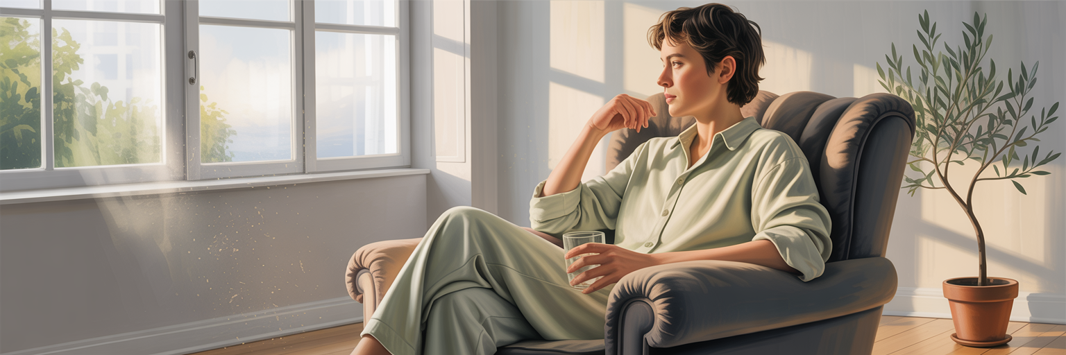 Person relaxing in armchair with water.