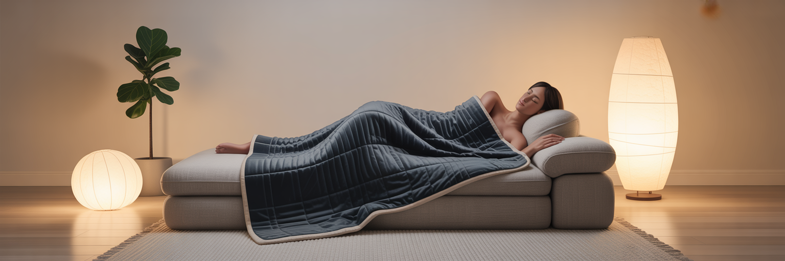 Person relaxing in infrared sauna blanket.