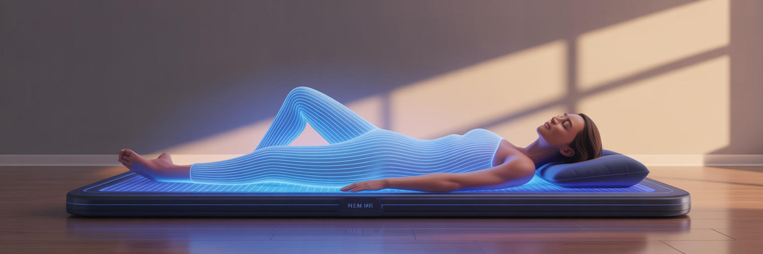 Person relaxing on a PEMF therapy mat at home.