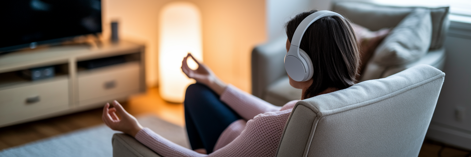Person relaxing with headphones in armchair.