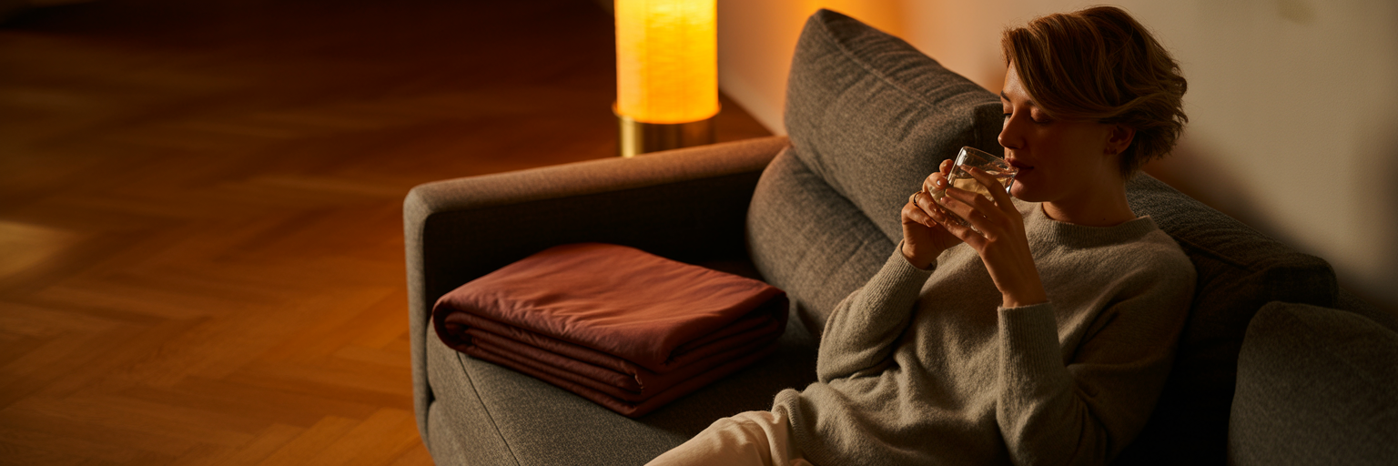 Person relaxing with water after sauna session.