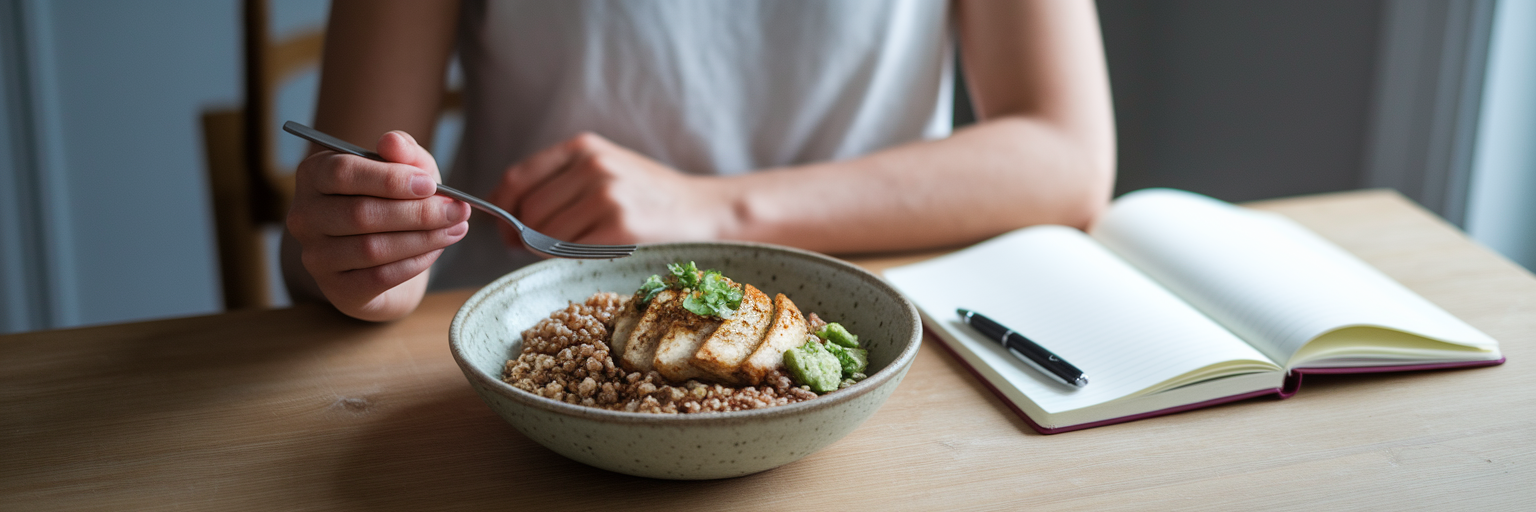 Person reviewing a meal with a notebook