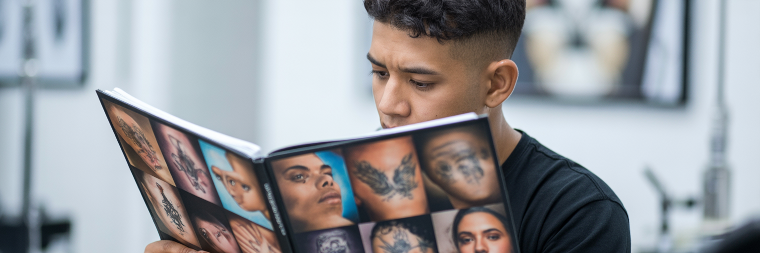 Person reviewing a tattoo artist portfolio book.