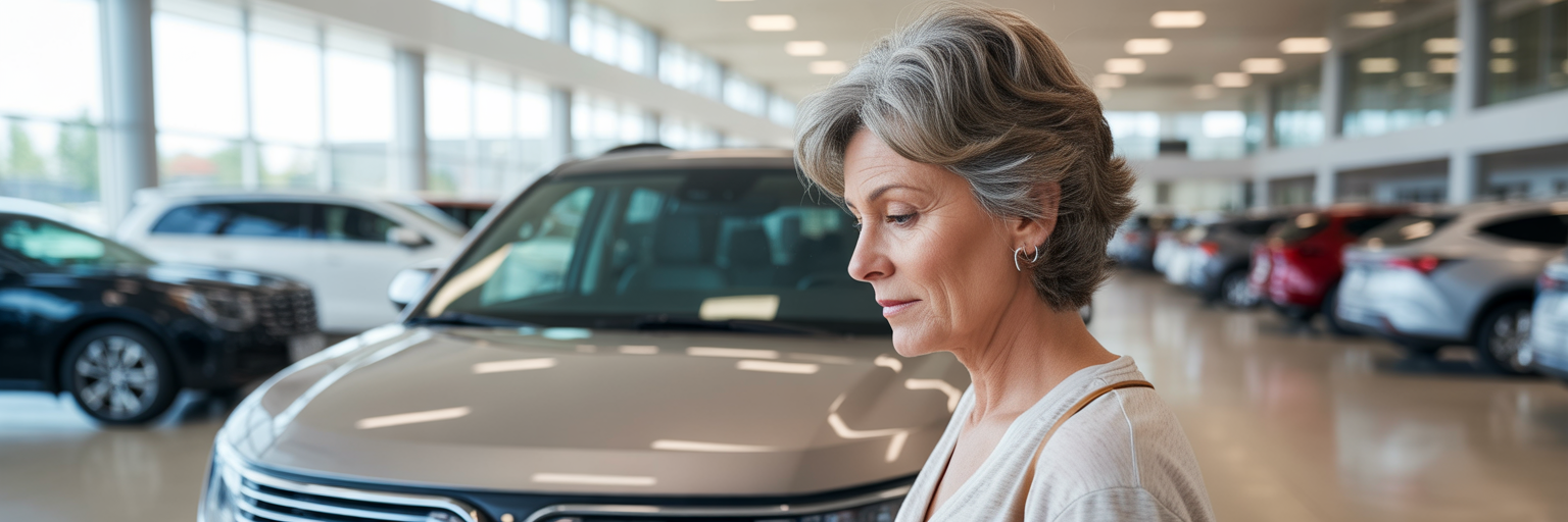 Person reviewing minivan window sticker at dealership.