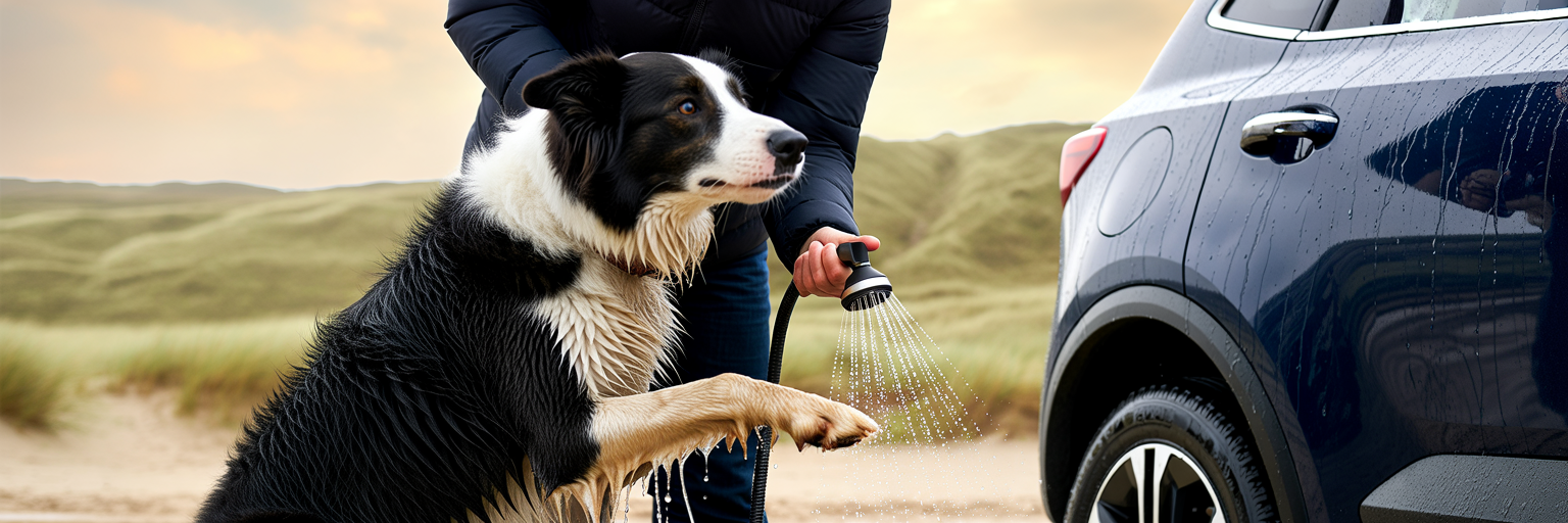 Person rinsing a dog's sandy paws.
