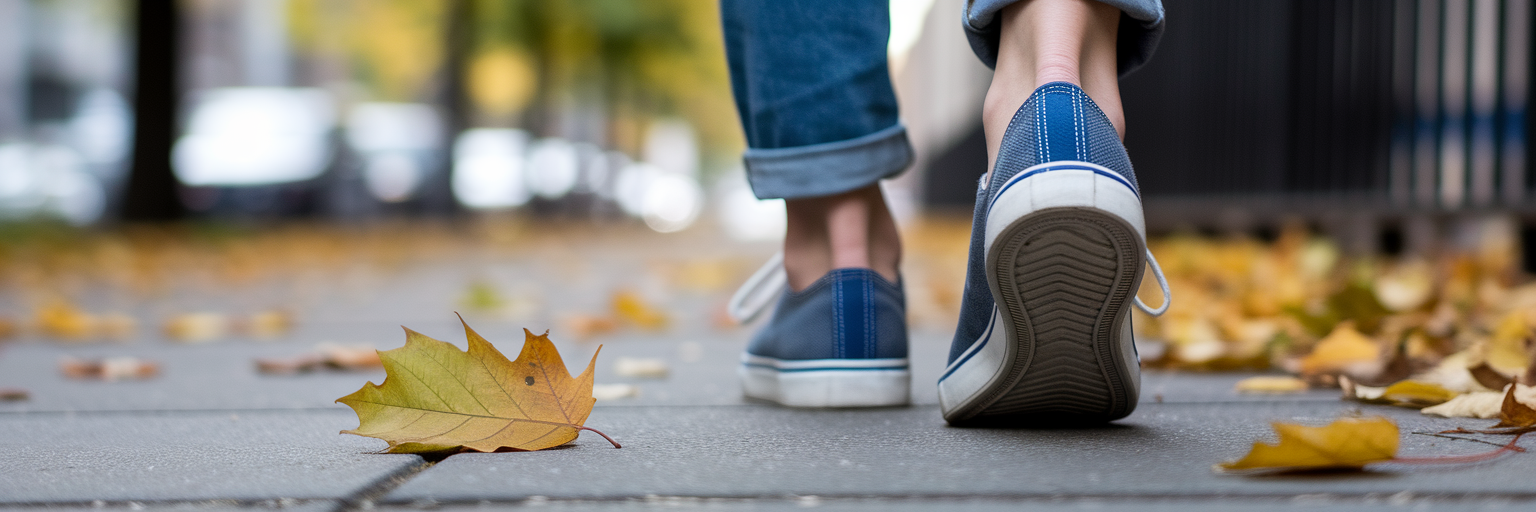 Person's feet walking on leafy sidewalk.