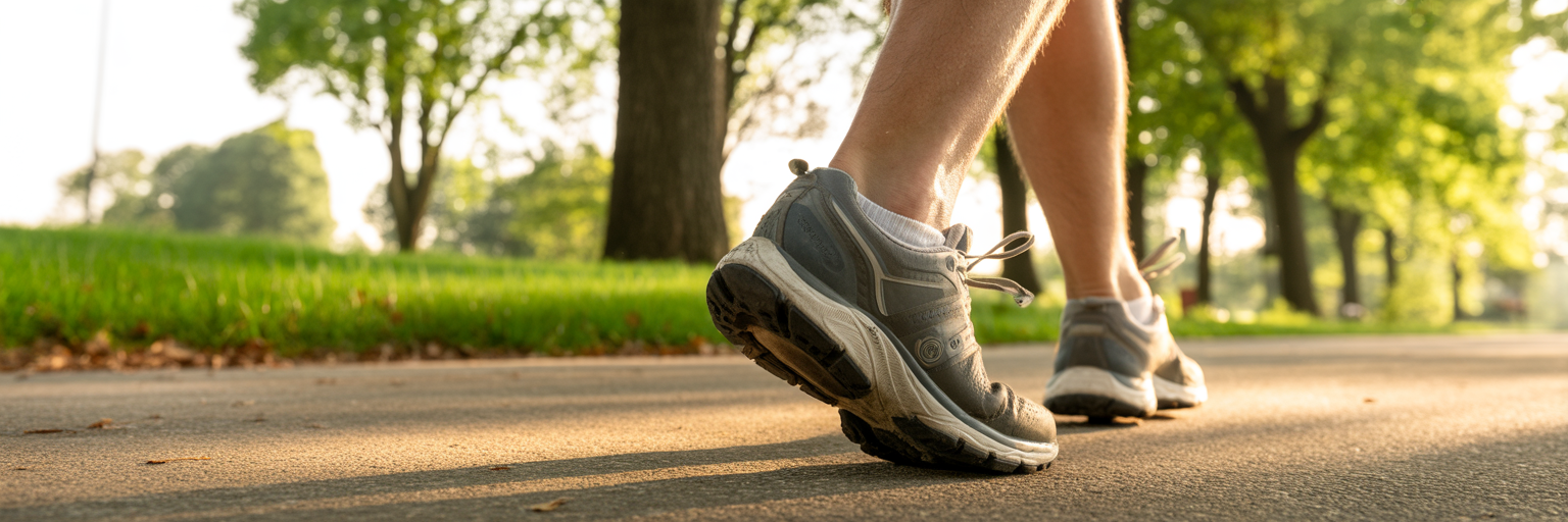 Person's feet walking on park path.