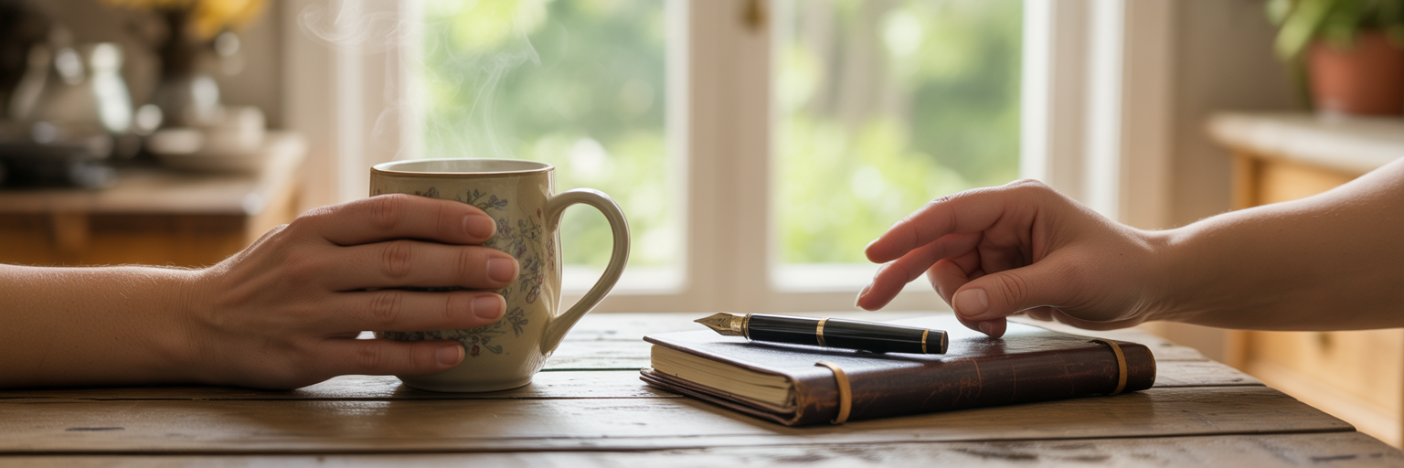 Person's hands with a mug and notebook at a table.