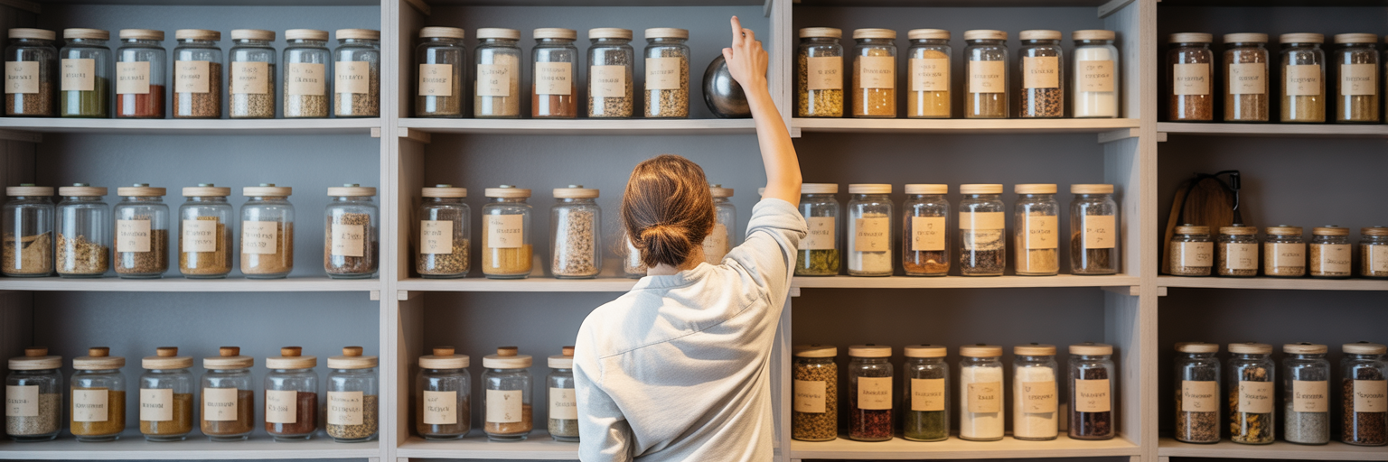 Person selecting a spice jar from a pantry.