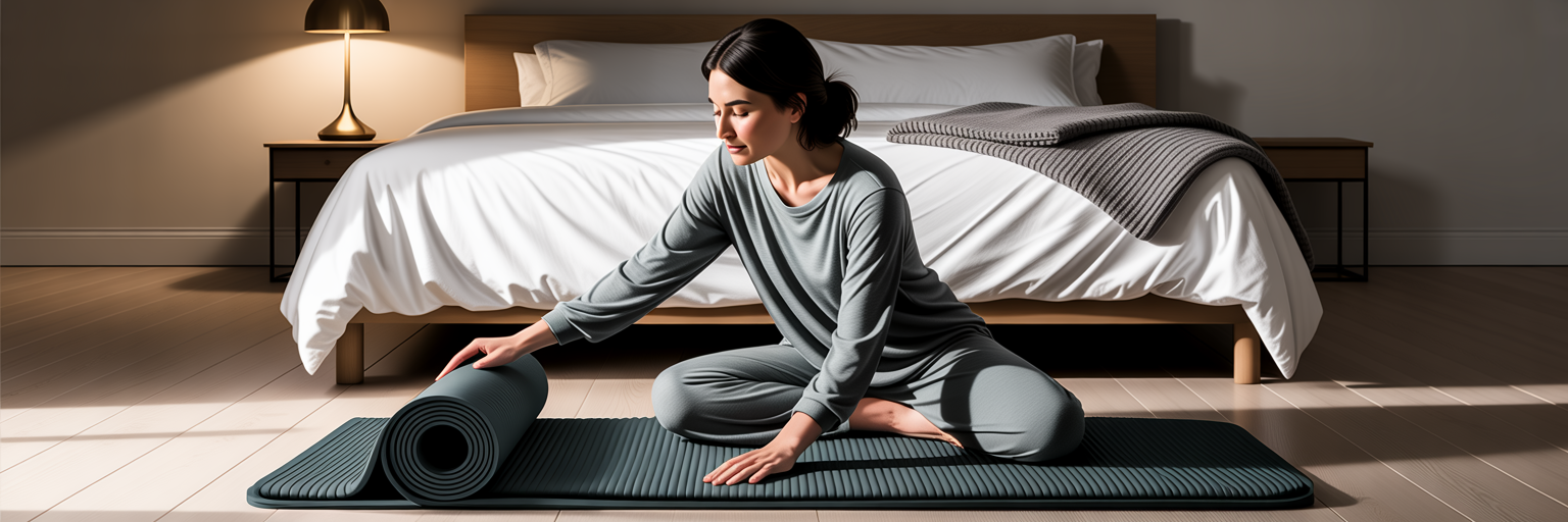 Person setting up recovery mat before bed.