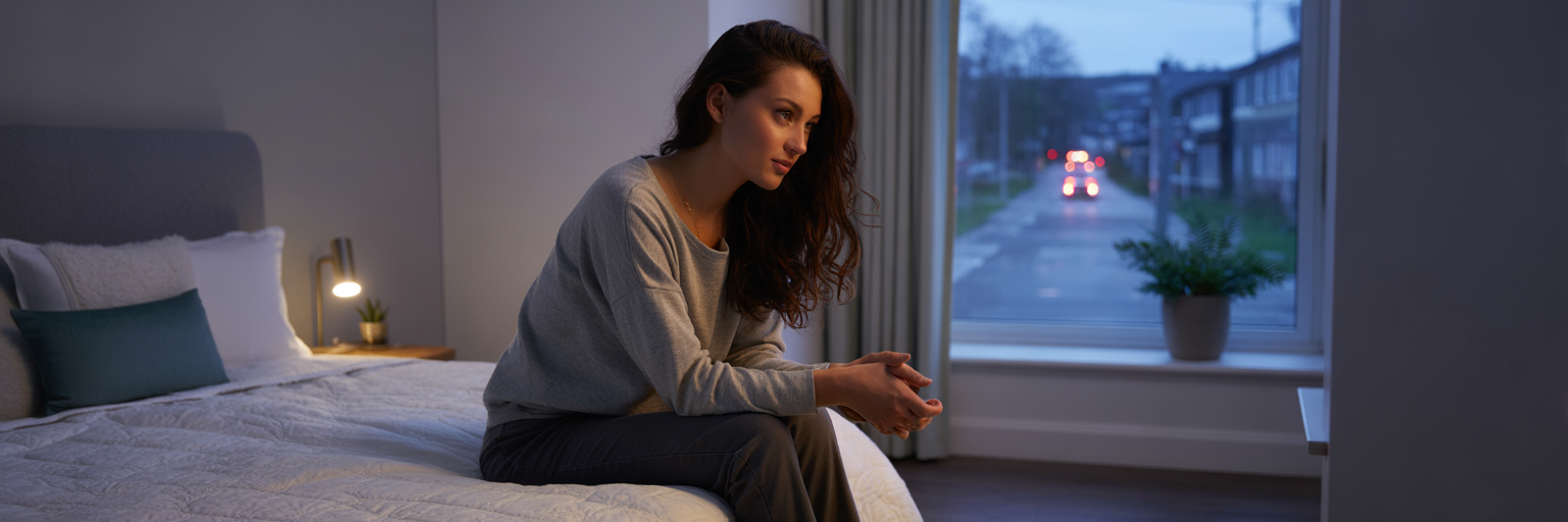 Person sitting on bed contemplating at night.